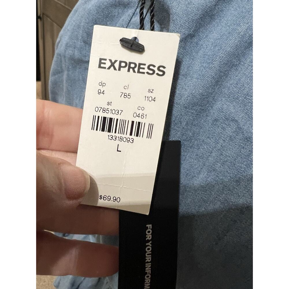 Express Women’s Blue Cold Shoulder Wrap Mini Dress Size L NWT chambray classy - Picture 5 of 6